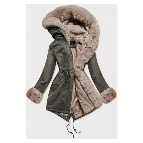 Khaki-béžová dámská zimní bunda parka s mechovitým kožíškem (B530-11012)  S'WEST | Modio.cz