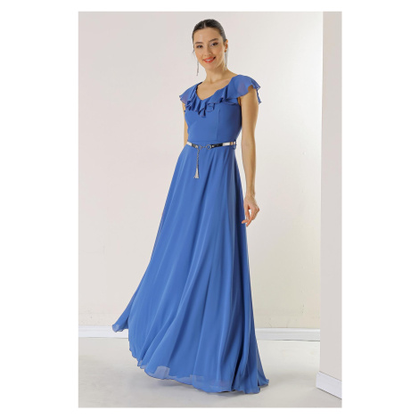 By Saygı Flounce Collar Waist Belt Lined Long Chiffon Dress