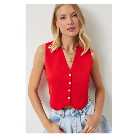 Happiness İstanbul Women's Red V-Neck Buttoned Summer Knitwear Vest