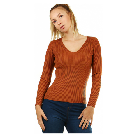 Jednobarevný dámský slabší svetr s véčkem