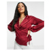 Femme Luxe satin collar wrap top in berry-Red