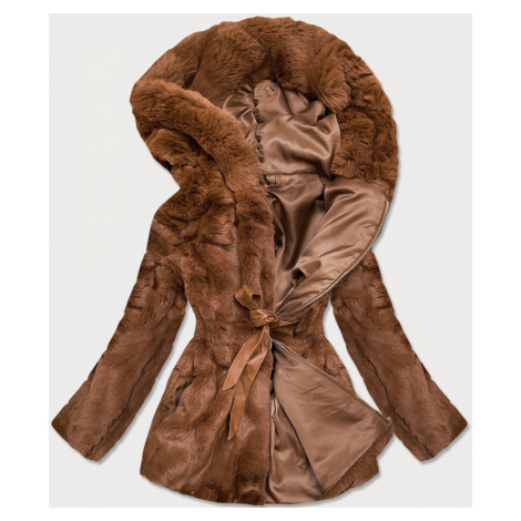 Hnědá dámská bunda - kožíšek s kapucí (BR9743-22) S'WEST