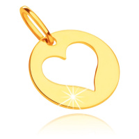 Přívěsek ze žlutého 9K zlata - lesklý kruh s výřezem srdce