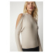 Happiness İstanbul Women's Beige Stand-Up Collar Open-Shoulder Knitwear Blouse