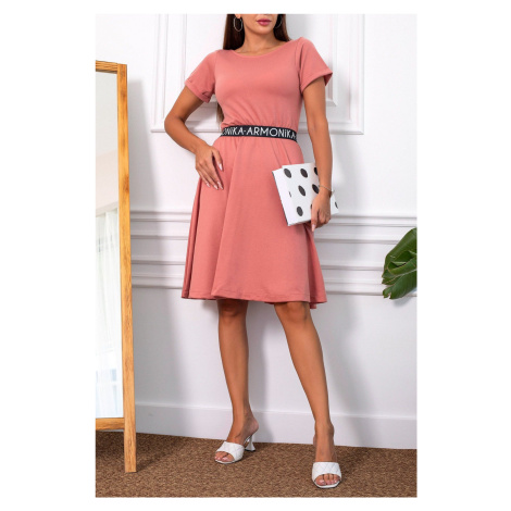 armonika Women's Pale Pink Elastic Waist Detail Short Sleeve Flared Dress