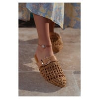 NİŞANTAŞI SHOES Best Taba Knitted Belt Detail Flat Sole Women's Slippers