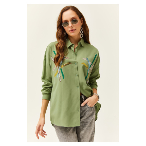 Olalook dámská hořčicově zelená košile s flitry a tkanou tyčí