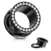 Ocelový tunel do ucha, čiré zirkony v kruhu, černá barva, PVD - Tloušťka : 4 mm