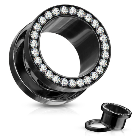 Ocelový tunel do ucha, čiré zirkony v kruhu, černá barva, PVD - Tloušťka : 4 mm Šperky eshop