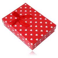 Dárková krabička na řetízek nebo soupravu – bílá srdíčka, červený podklad