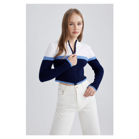 DEFACTO Coool Regular Cut Half Turtleneck Zippered Striped Crop Knitwear Cardigan