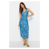 Trendyol Blue Back Detail Floral Printed Bodycone/Fitted Midi Stretch Knitted Pencil Dress