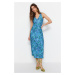 Trendyol Blue Back Detail Floral Printed Bodycone/Fitted Midi Stretch Knitted Pencil Dress