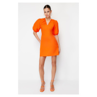 Trendyol Orange Waist Opening Poplin Gathered Mini Woven Dress