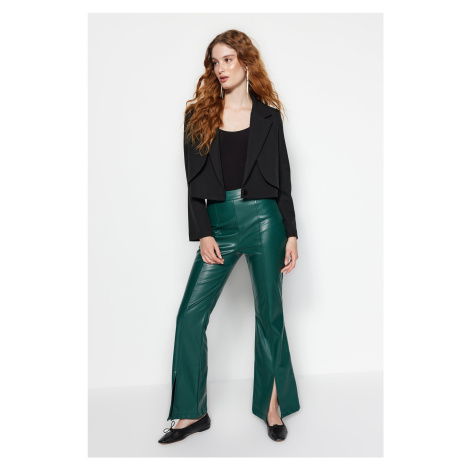 Trendyol Emerald Green Flare Flare Woven Faux Leather Kalhoty s rozparkem