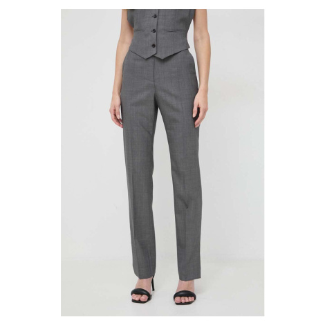 Vlněné kalhoty BOSS šedá barva, střih chinos, high waist, 50506958 Hugo Boss