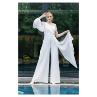 Lafaba Women's White Single Sleeve Belted Evening Dress Jumpsuit