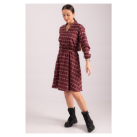 armonika Women's Burgundy V-Neck Elastic Waist Plaid Pattern Flared Dress