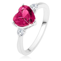 Zásnubní prsten - růžové zirkonové srdce, dva čiré kamínky, stříbro 925