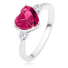Zásnubní prsten - růžové zirkonové srdce, dva čiré kamínky, stříbro 925