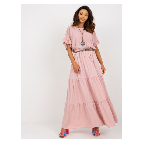 Světle růžová maxi sukně s volánkem a páskem Fashionhunters