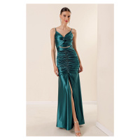 By Saygı Rope Strap Front Draped Chain Accessory Lined Satin Long Dress Emerald