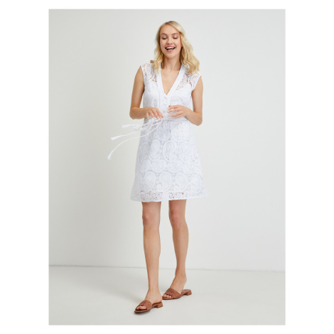 Bílé dámské krajkované krátké šaty se zavazováním Guess Mykonos
