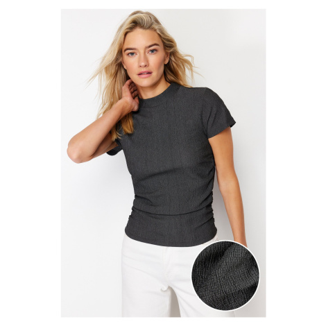 Trendyol Anthracite High Neck Short Sleeve Gathered Detail Elastic Knitted Blouse