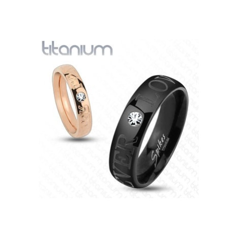 Titanový prsten měděné barvy, nápis FOREVER LOVE, čirý zirkon, 4 mm