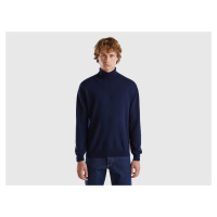 Benetton, Dark Blue Turtleneck In Pure Merino Wool