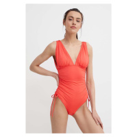 Jednodílné plavky MICHAEL Michael Kors SHIRRED PLUNGE ONE PIECE červená barva, mírně vyztužený k