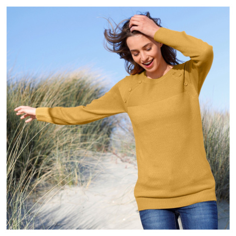 Blancheporte Jednobarevný pulovr s knoflíky v ramenou šafránová