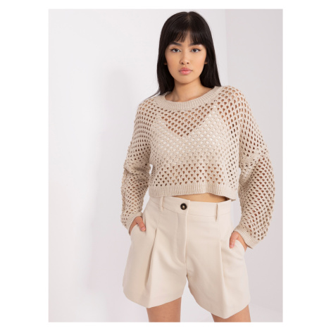 BÉŽOVÝ HÁČKOVANÝ CROP SVETR --LIGHT BEIGE Béžová BASIC