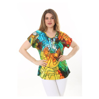 Şans Women's Plus Size Colored Stone Detailed Short Sleeve Colored Blouse