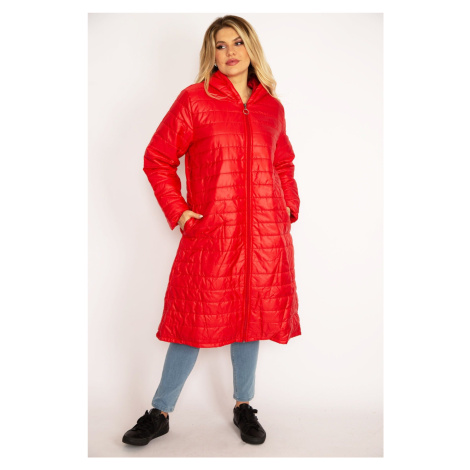 Şans Women's Plus Size Red Quilted Puff Coat With Zipper And Pockets
