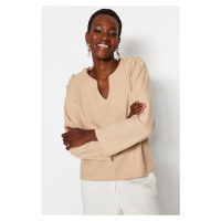 Trendyol Beige Thessaloniki/Knitwear Look Pearl Detailed Relaxed/Comfortable Fit Knitted Blouse