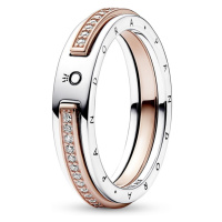 Pandora Originální bicolor prsten se zirkony Signature Logo 182773C01 54 mm