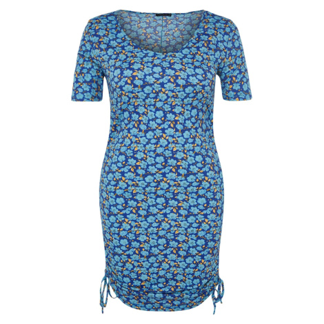 Trendyol Curve Blue Floral Pattern Knitted Dress with Smocking Details on the Sides and Fitting