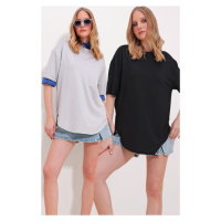 Trend Alaçatı Stili Women's Black Gray Crew Neck 2-Pack Oval Cut Modal T-Shirt