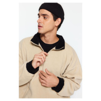 Trendyol Beige Oversize/Wide Cut Half Zipper Stand Collar Color Blocked Fleece Sweatshirt