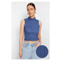 Trendyol Indigo High Neck Fitted Crop Textured Stretch Knitted Blouse