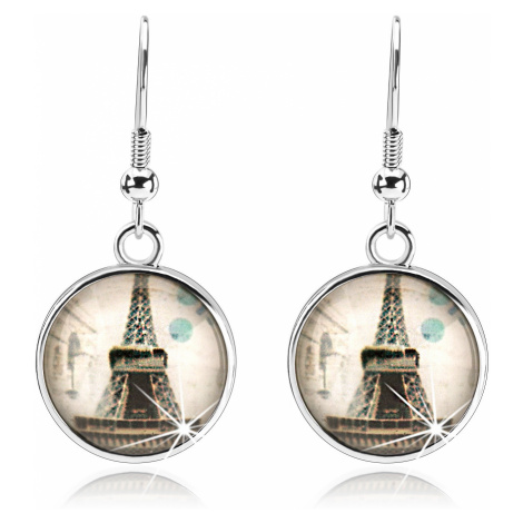 Náušnice s čirým vypouklým sklem, Eiffelova věž, béžový podklad