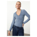 Trendyol Indigo Ruffle/Drape Detailed V-Neck Fitted Flexible Knitted Blouse