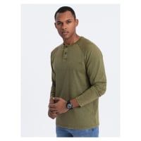 Ombre Men's wash henley longsleeve with raglan sleeves - dark olive