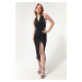 Lafaba Women's Black Evening Dress with Chain Detail on the Back