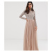 Maya Bridesmaid long sleeve maxi tulle dress with tonal delicate sequins in taupe blush-Brown