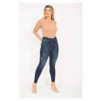 Şans Women's Plus Size Navy Blue High Waist Ripped Detailed Skinny Jeans
