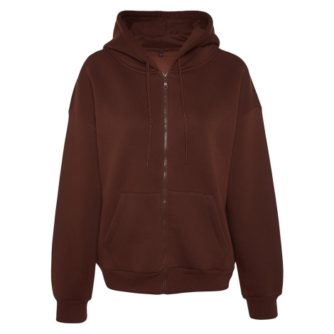 Trendyol Brown Oversize/Comfortable Fit Basic Hooded Knitted Sweatshirt with Fleece Inside