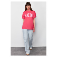 Trendyol Pink 100% Cotton City Motto Printed Oversize/Casual Fit Knitted T-Shirt