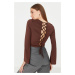 Trendyol Brown Back Detail Crew Neck Flexible Crop Knitted Blouse